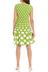 London Times - Crew Neck Box Pleated Polka Dot Print Jersey Dress