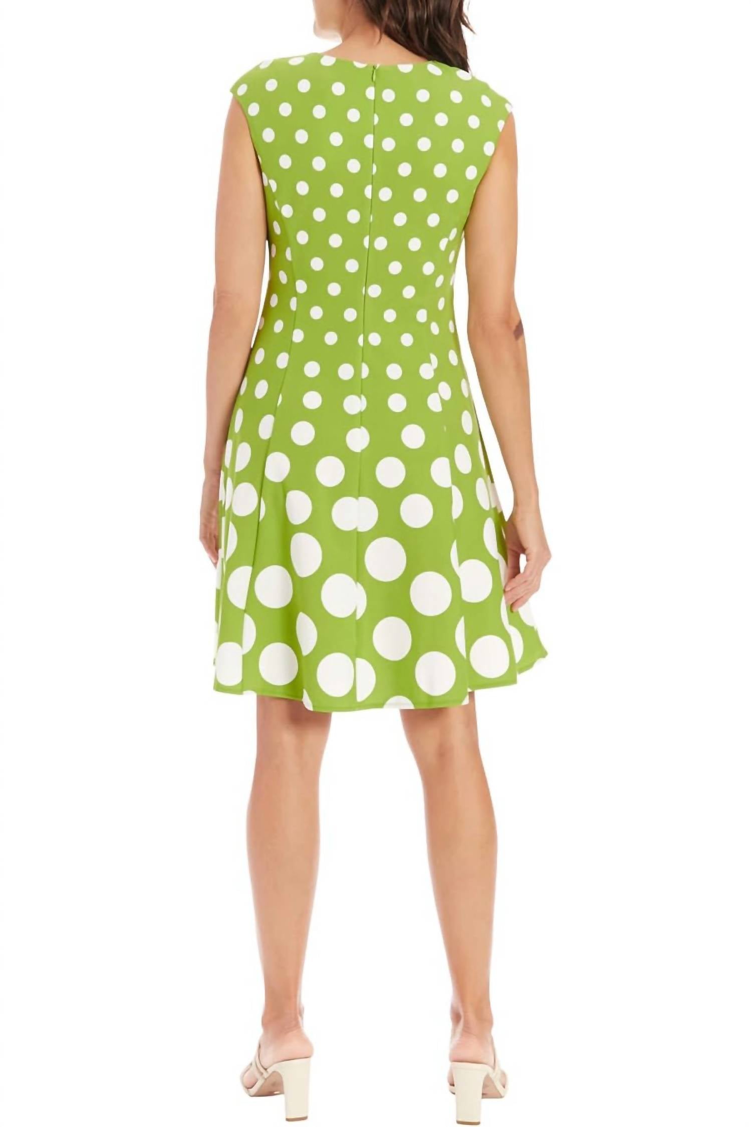 London Times - Crew Neck Box Pleated Polka Dot Print Jersey Dress