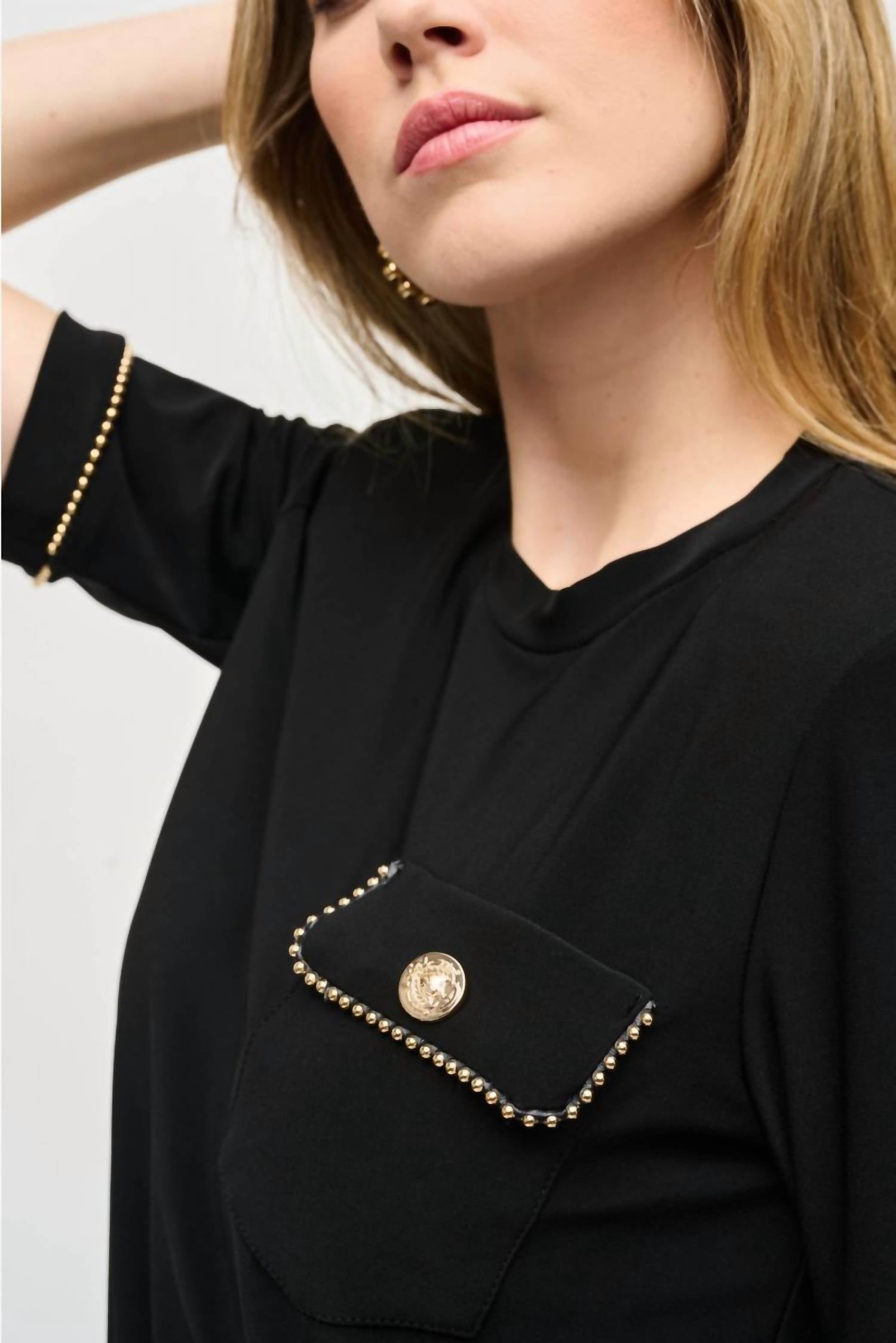 Joseph Ribkoff - Ball Link Chain Trim Short Sleeve Top