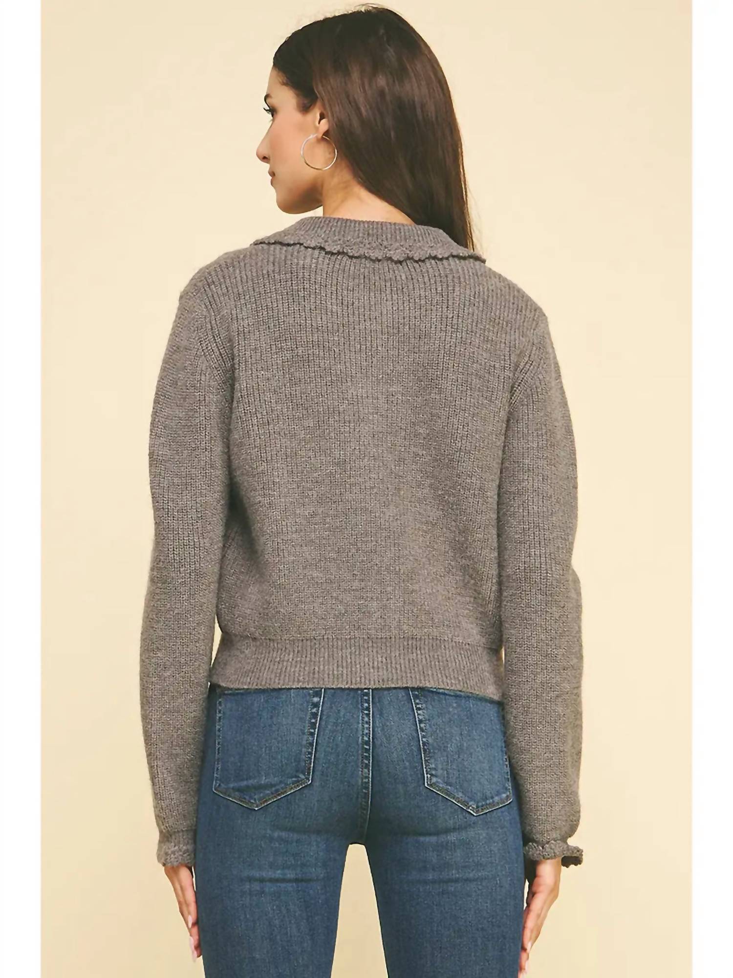 PINCH Janae Eyelet Detail Cardigan in grey - women's cardigan - alternate view