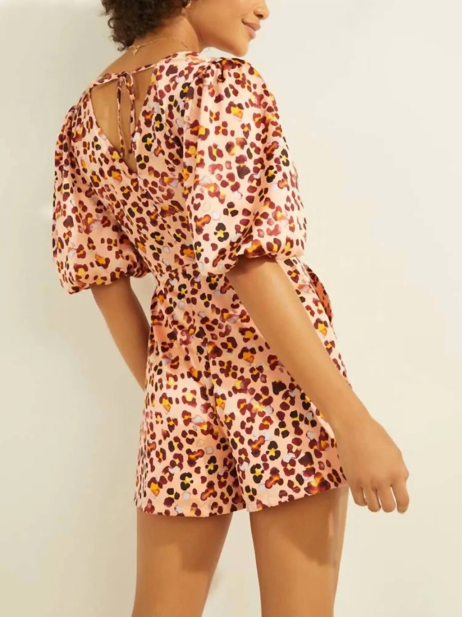 Guess Water Leopard Print Romper in multi - women's pants - detail view