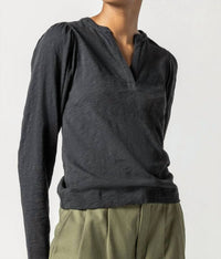 Lilla P - Shirred Long Sleeve Split Neck Top