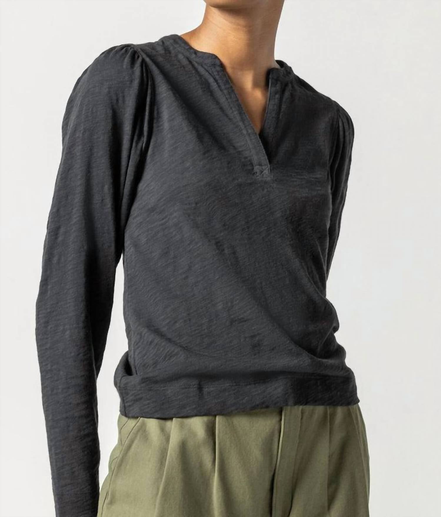 Lilla P - Shirred Long Sleeve Split Neck Top