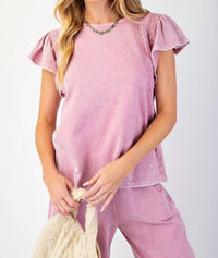 Easel Washed Wing Sleeve Crochet Trim Top - women's blouse