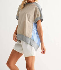Joh Joy Mixed Media Top in heather grey khaki - women's blouse - view 4