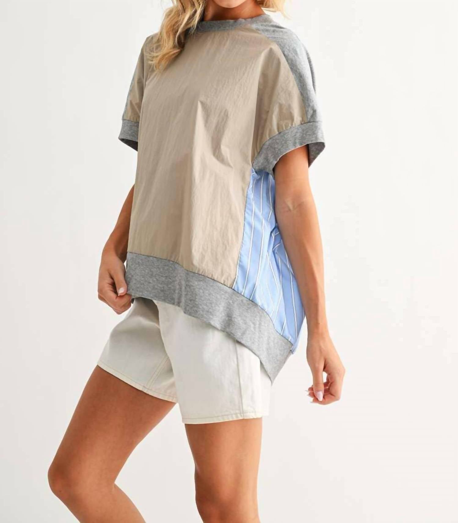 Joh Joy Mixed Media Top in heather grey khaki - women's blouse - view 4