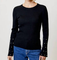 DESIGN HISTORY Fine Gauge Embellished Sleeve Top in black - women's sweater