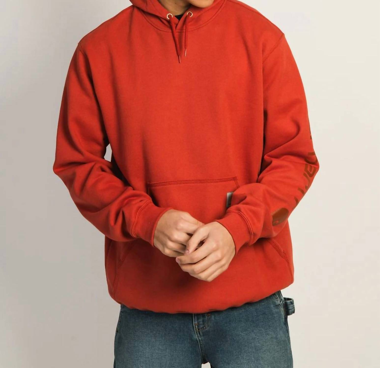 carhartt Loose Fit Logo Sleeve Hooded Sweatshirt in saddle red - men's shirt