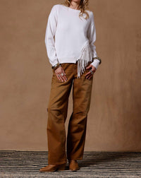 Minnie Rose - Cotton Cashmere Fringe Trim Crew Neck Sweater