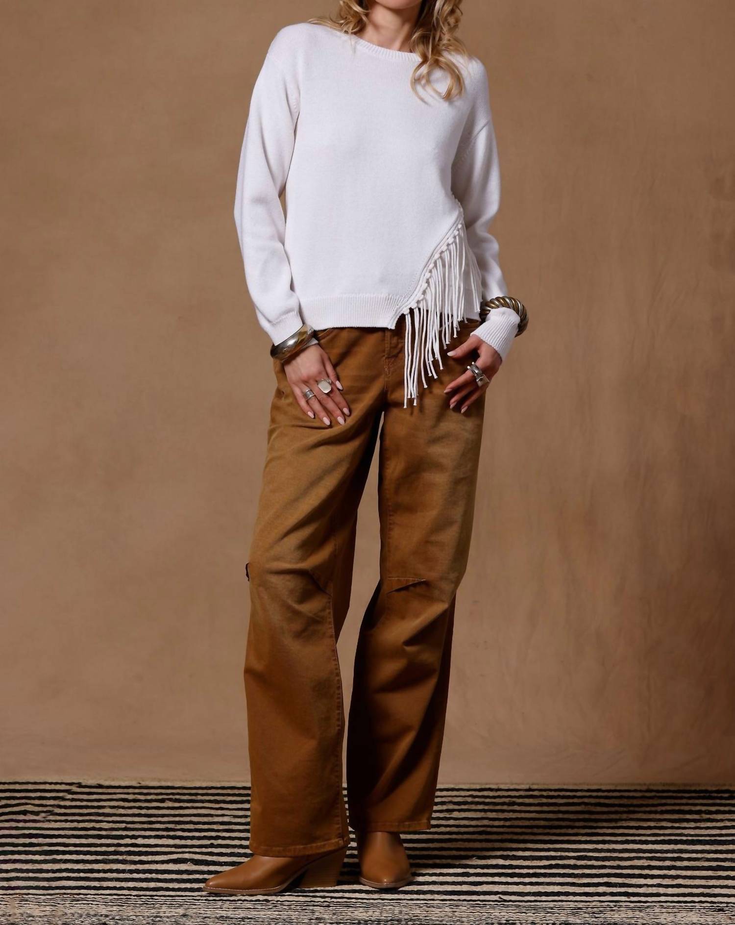 Minnie Rose - Cotton Cashmere Fringe Trim Crew Neck Sweater
