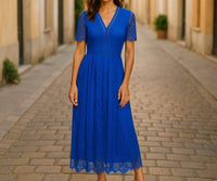 Allandwell - Women's Flutter Sleeve V Neck Maxi Gown