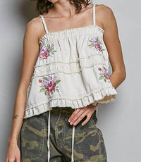 Pol - Floral Embroidered Raw Edge Top
