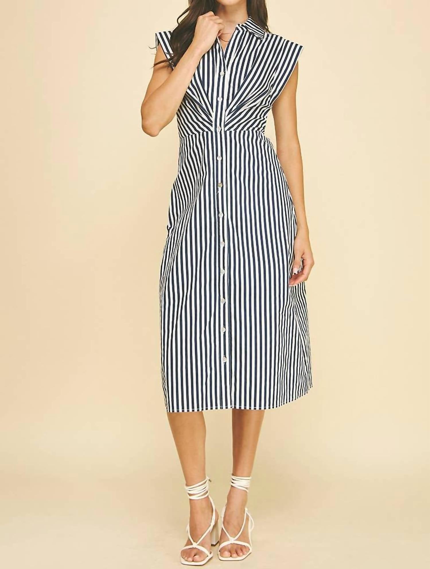 PINCH Women's Striped Button Down Midi Dress in navy white - women's dress - view 7
