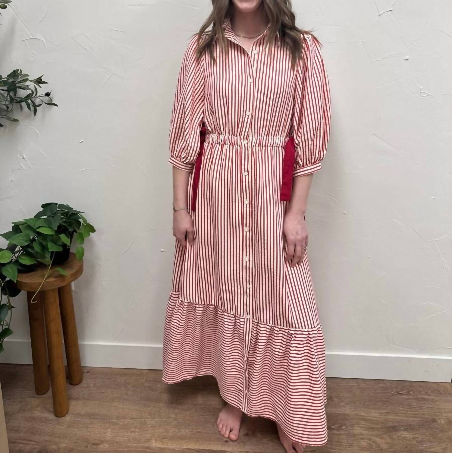 Polagram - Striped Contrast Side Ribbon Midi Dress