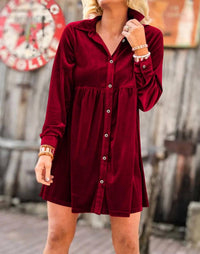 Dear Lover - Long Sleeve Ruffle Velvet Button Up Dress