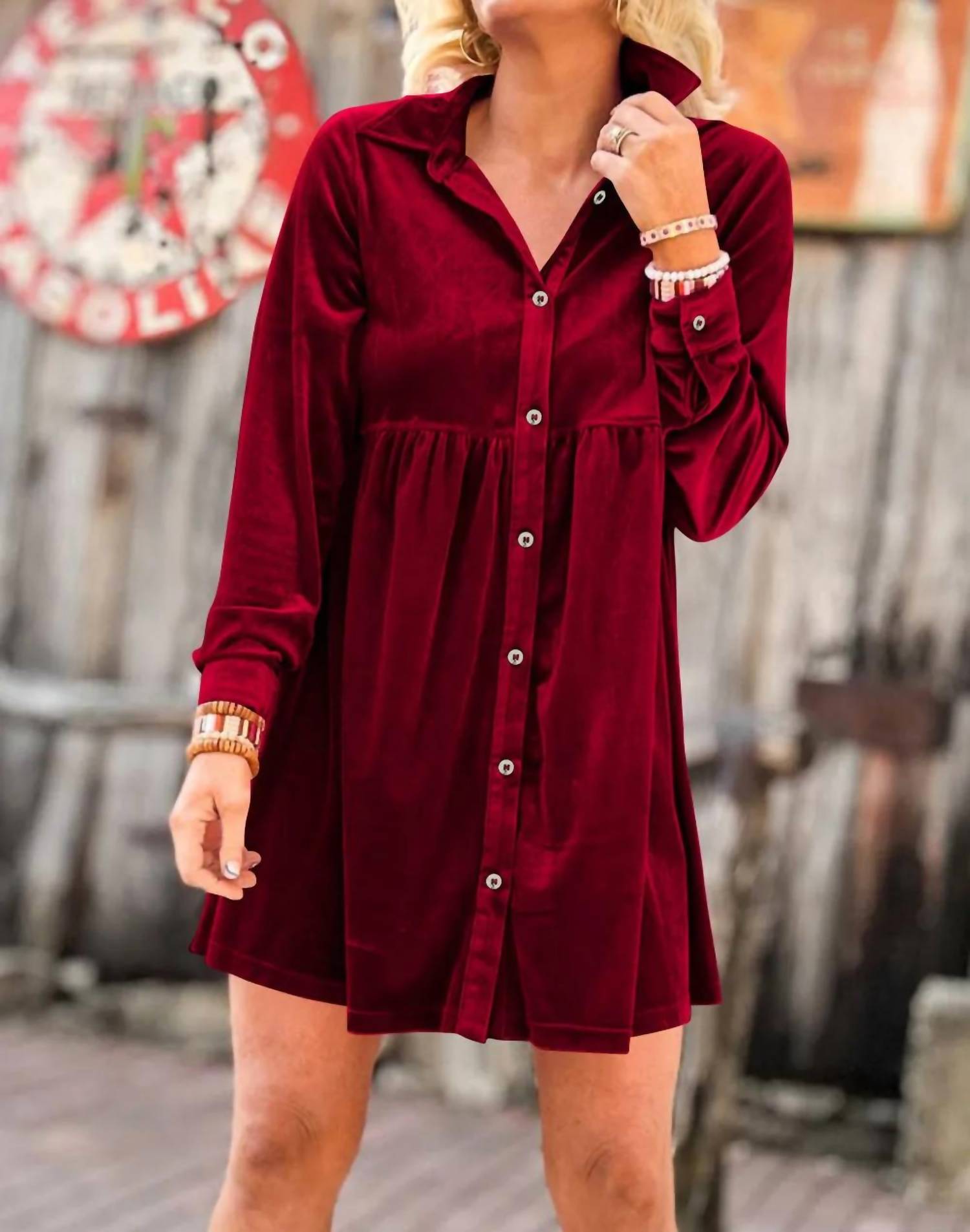 Dear Lover - Long Sleeve Ruffle Velvet Button Up Dress