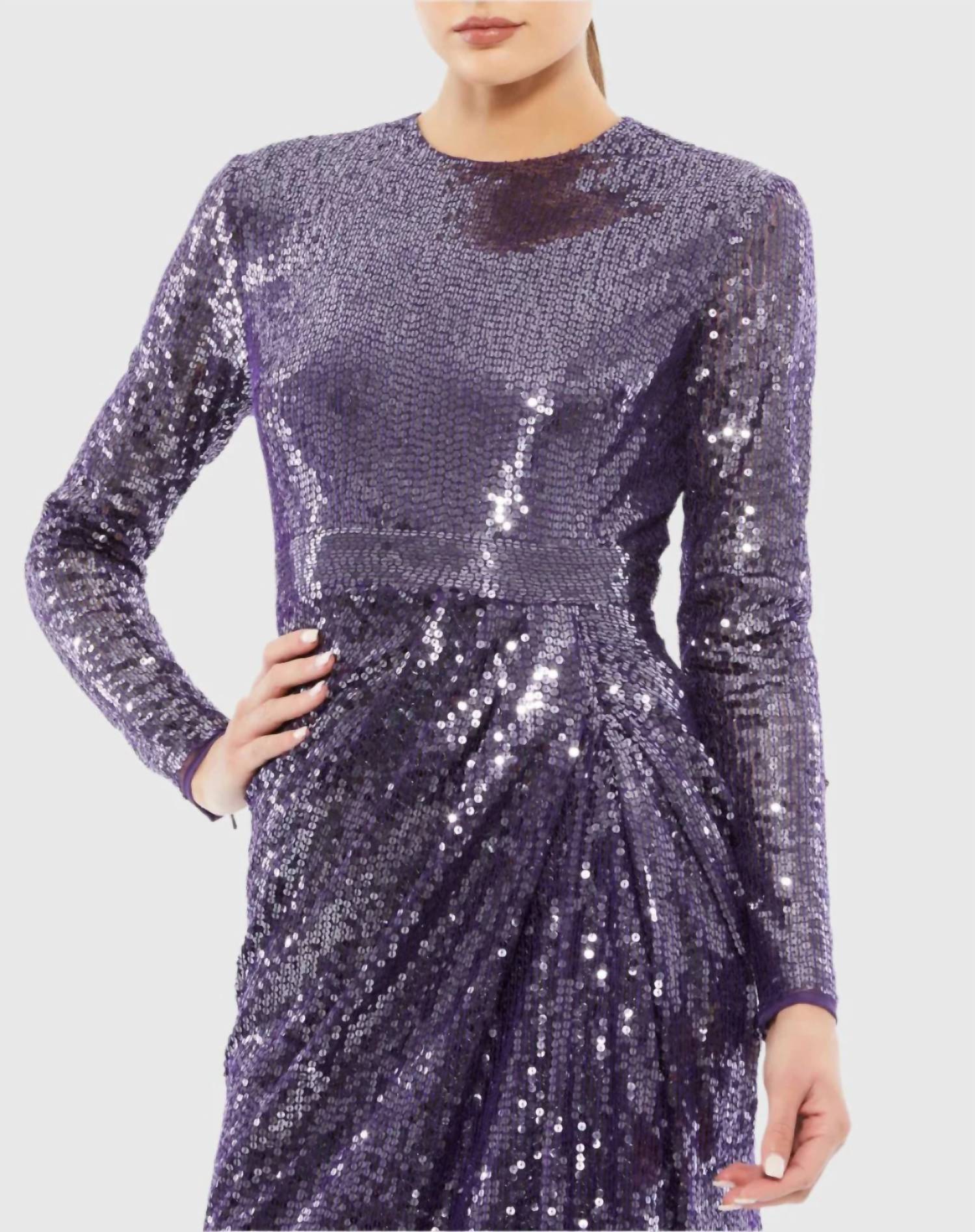 Mac Duggal - Sequined Long Sleeve Draped Gown