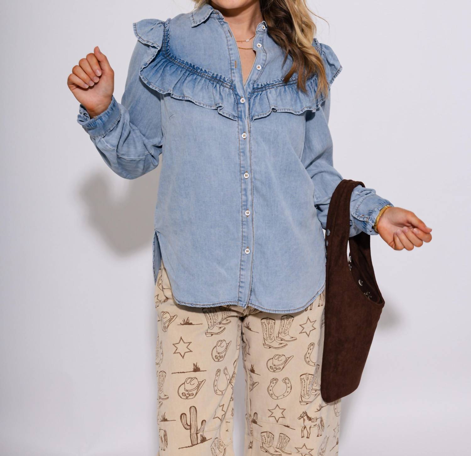 Ee:Some - Snow Washed Denim Ruffle Top