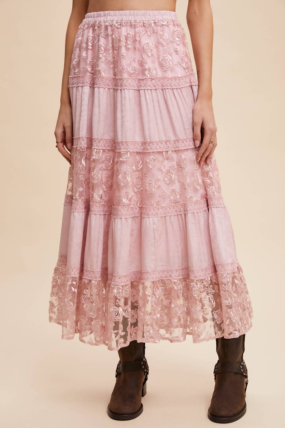 Listicle - Floral Embroidered Tiered Maxi Skirt