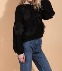 JESSIE LIU Round Neck 3d Applique Sweater in black - women's sweater - alternate view