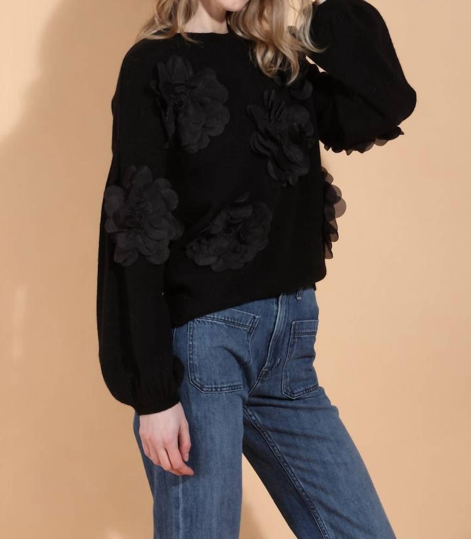 JESSIE LIU Round Neck 3d Applique Sweater in black - women's sweater - alternate view
