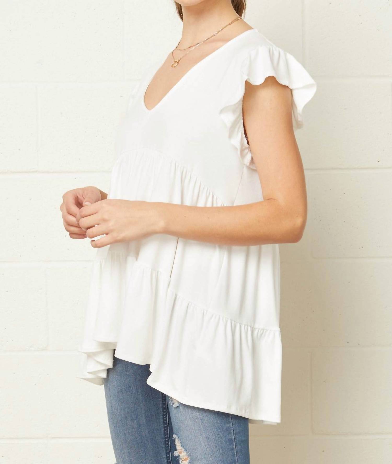 entro Tiered Ruffle Babydoll Top in ivory - women's blouse - alternate view