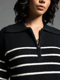 Weekend Los Angeles Coralie Zip Up Sweater in black ivory stripe - women's long sleeve top - view 4