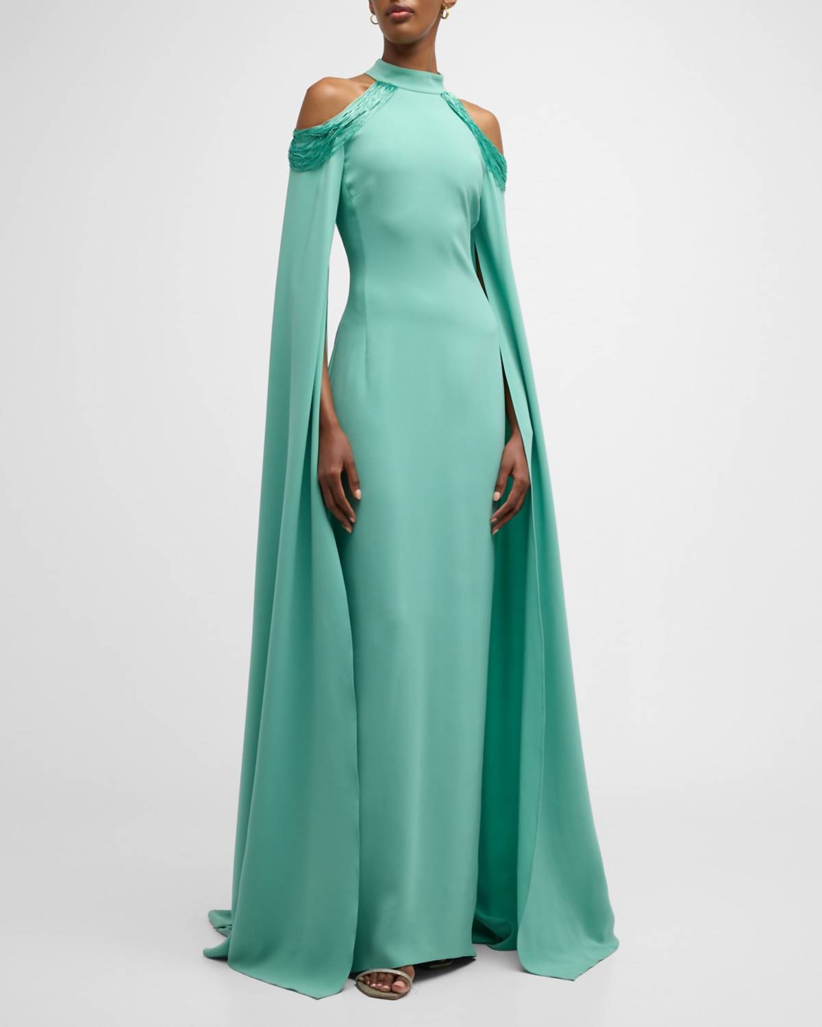 Oscar De La Renta - Cold Shoulder Bugle Beaded Embroidered Caftan Gown