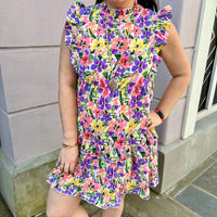 Jodifl - Floral Print Frill Neckline Baby Doll Dress