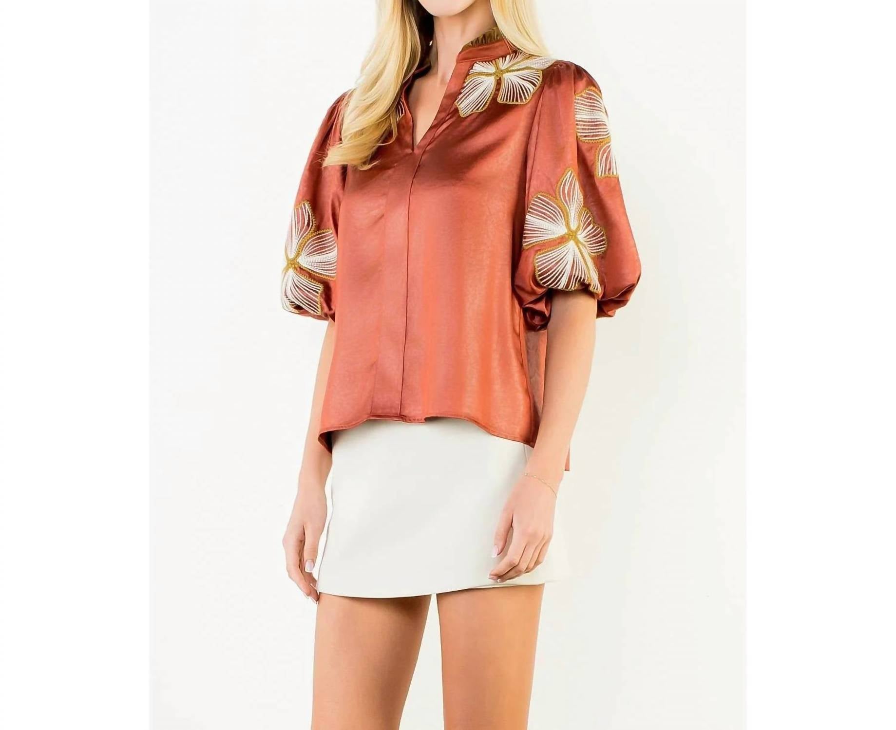 Thml - Shiny High Neck Floral Embroidery Top