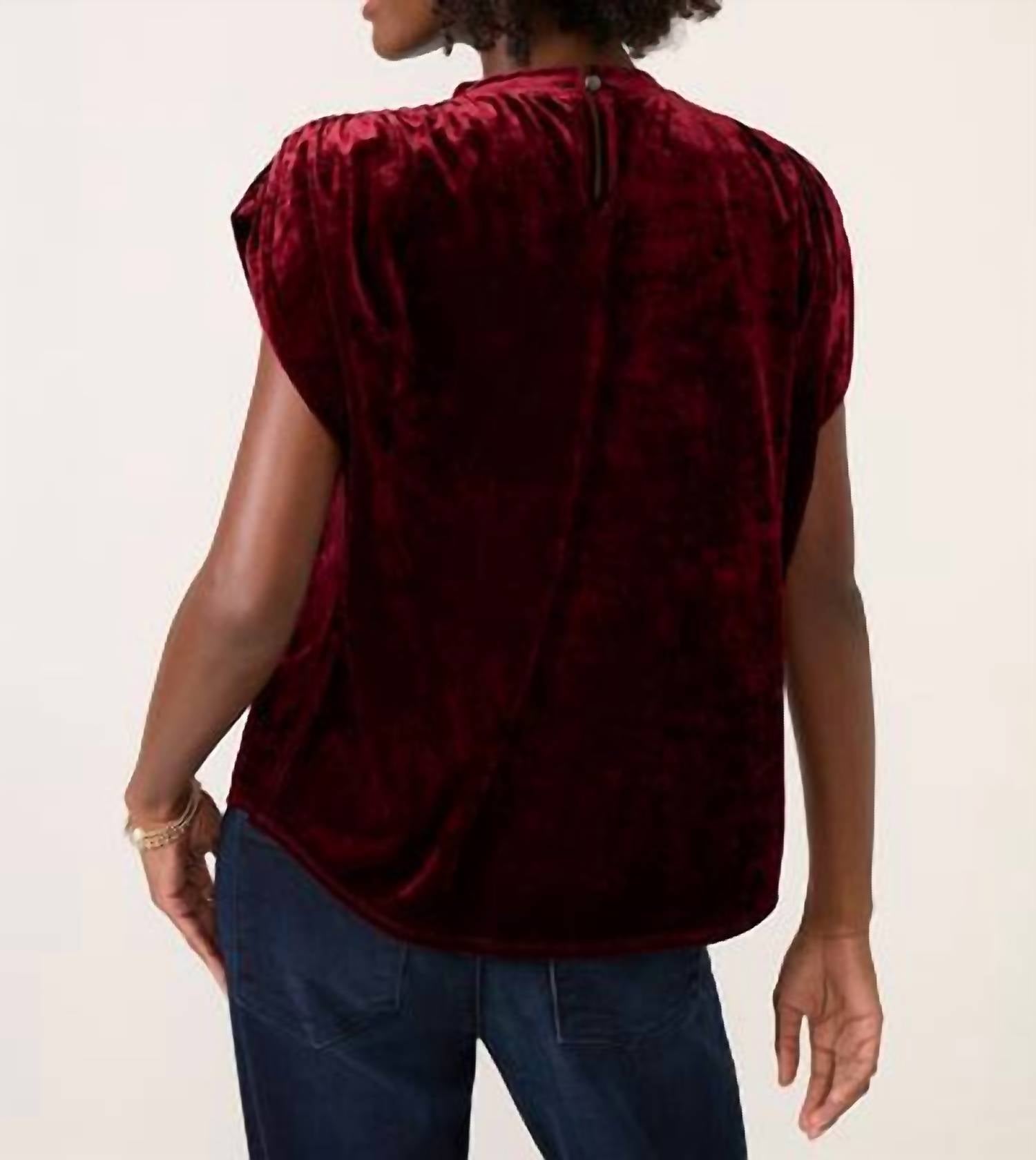 MELISSA NEPTON Acacia Velvet Shirred Shoulder Tee in burgundy - women's blouse - detail view