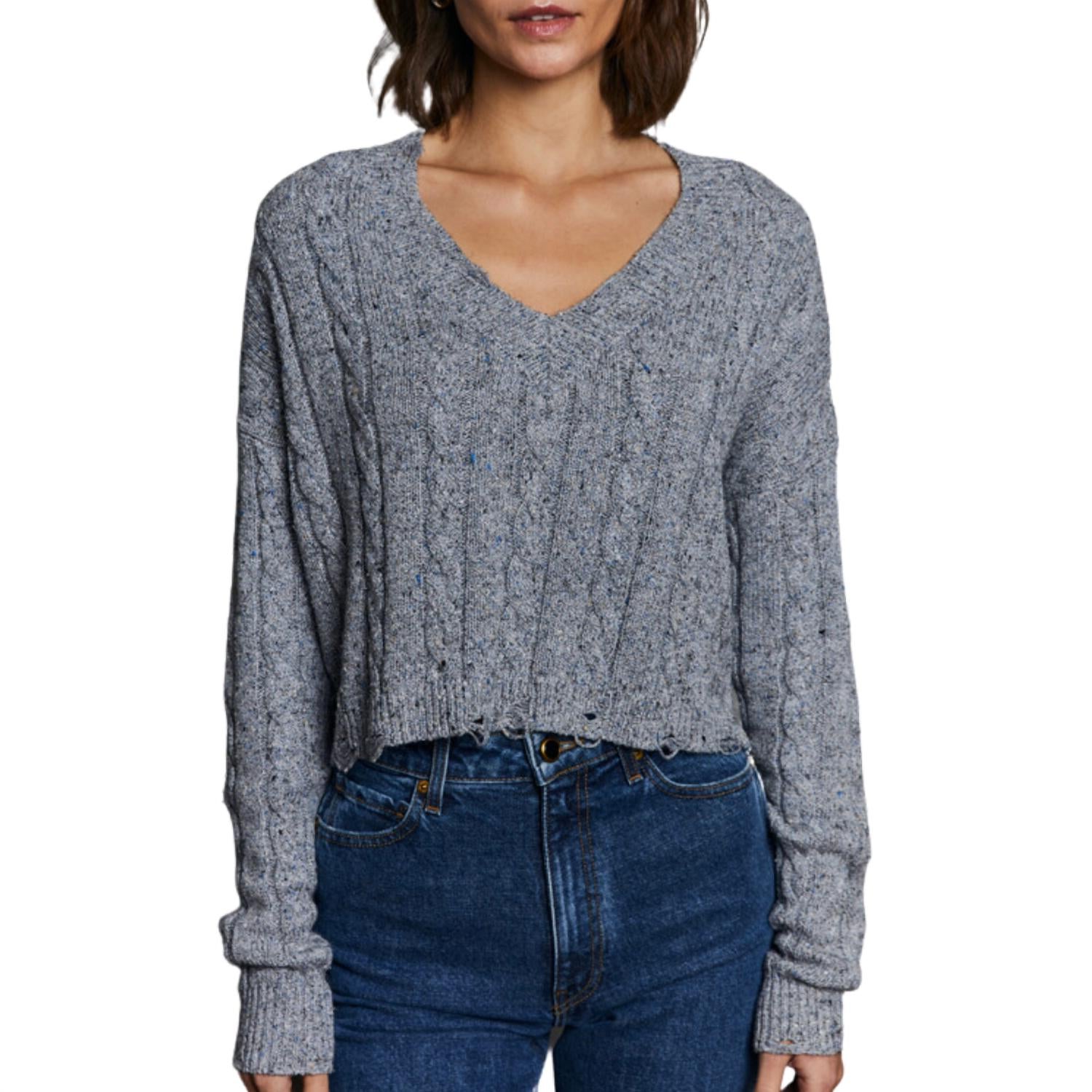 Autumn Cashmere - Distressed Cropped Cable V Sweater