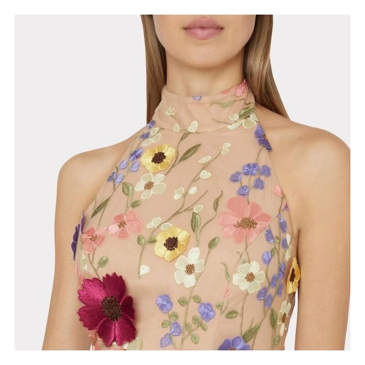 Furdecoration - 3d Floral Halter Mini Dress
