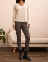 Tribal - Pleat-accent Long-sleeve V-neck Top