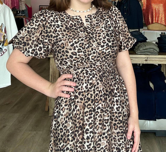 She + Sky - Short Puff Sleeve Woven Leopard Tiered Midi Dress