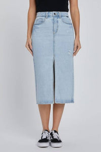 Cello - Women's Juniors Front Slit Long Denim Jean Skirt