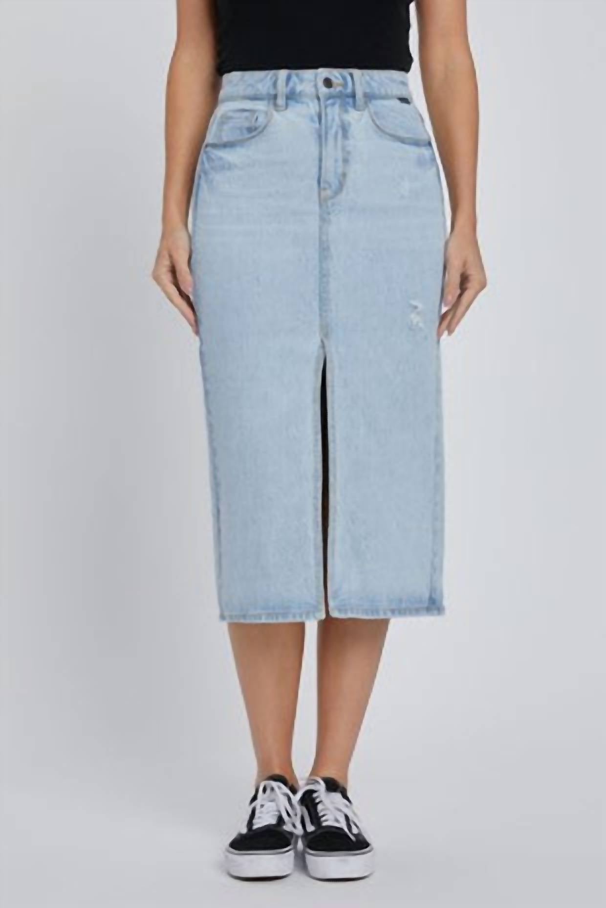 Cello - Women's Juniors Front Slit Long Denim Jean Skirt