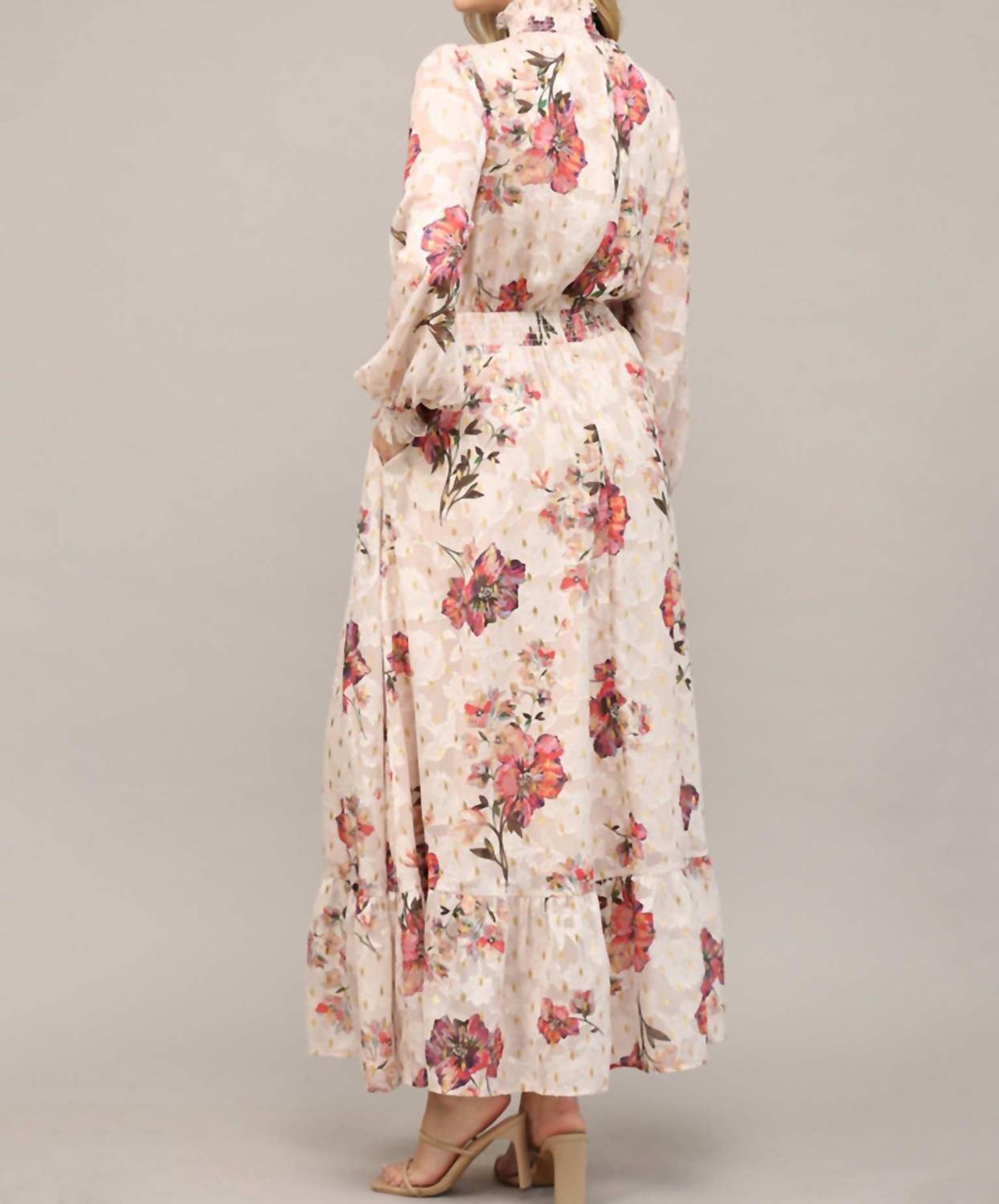 Fate Floral Metallic Ruffle Maxi Dress in cream and gold - women's dress - alternate view