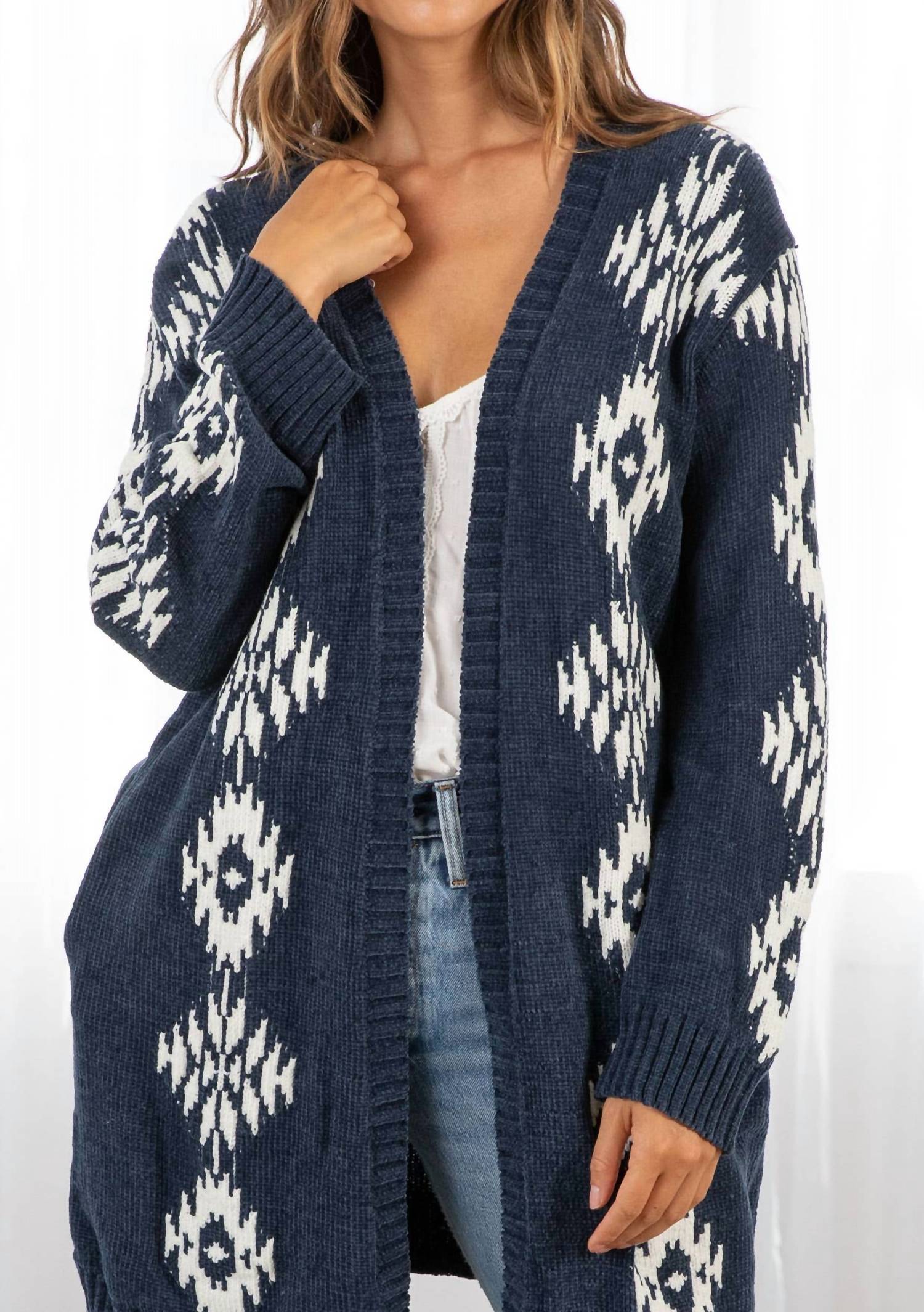 LOVESTITCH Beautiful Southwestern Open Front Cardigan in indigo off white - women's cardigan - view 5