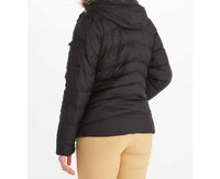 MARMOT Ithaca Lightweight Faux Fur Trim Puffer Jacket in black - women's jacket - detail view