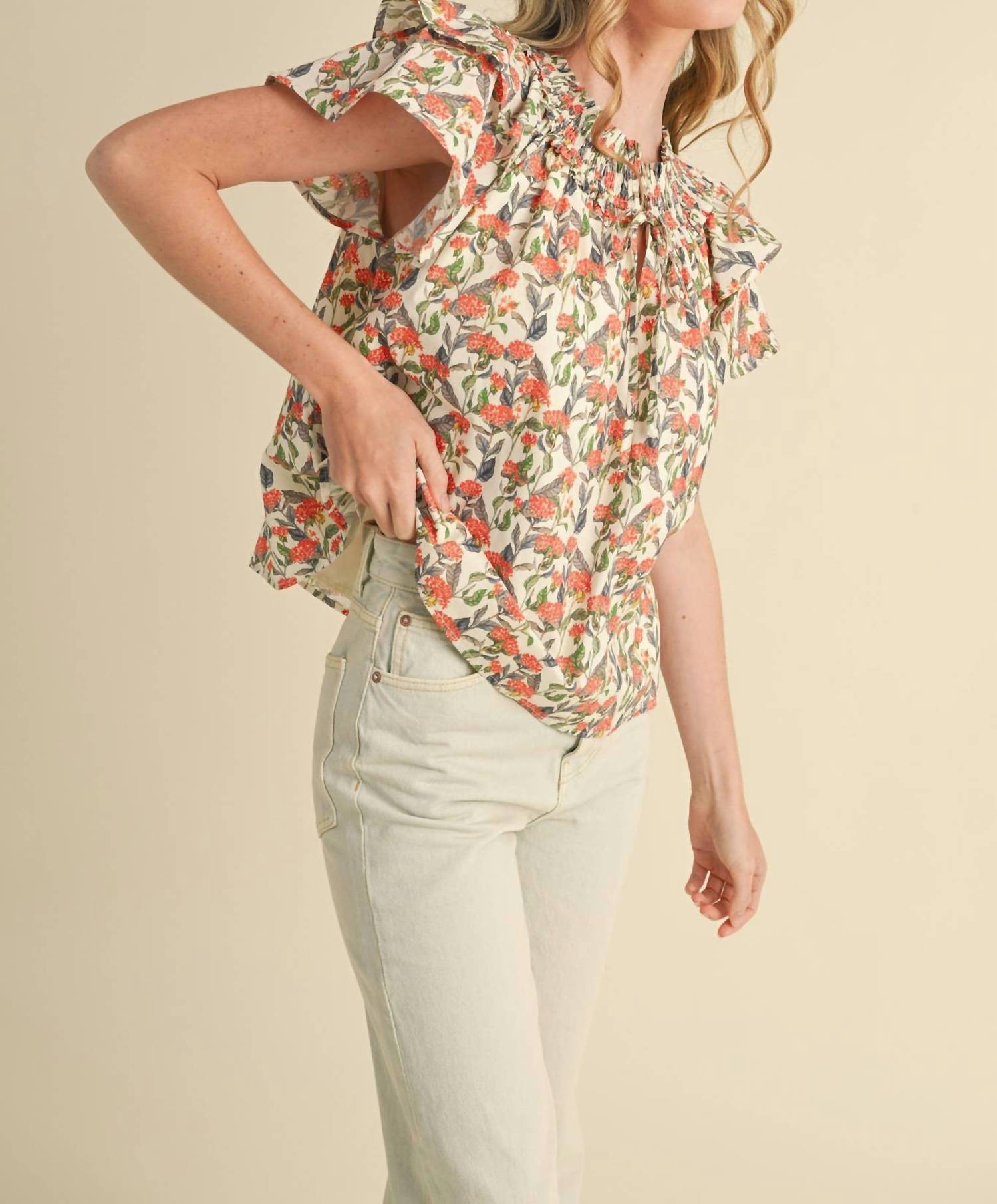 &merci Floral Flutter Sleeve Blouse in ivory - women's blouse - view 6