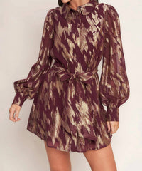 Flying Tomato - Muse Metallic Print Long Sleeve Collared Mini Dress