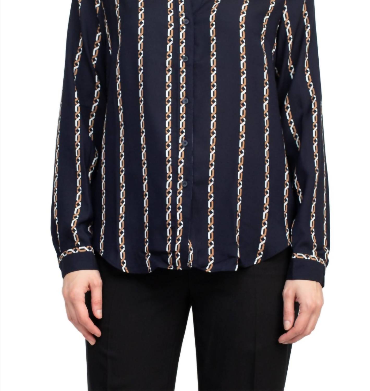 Joan Vass - Collared V-neck Back Yoke Printed Woven Top
