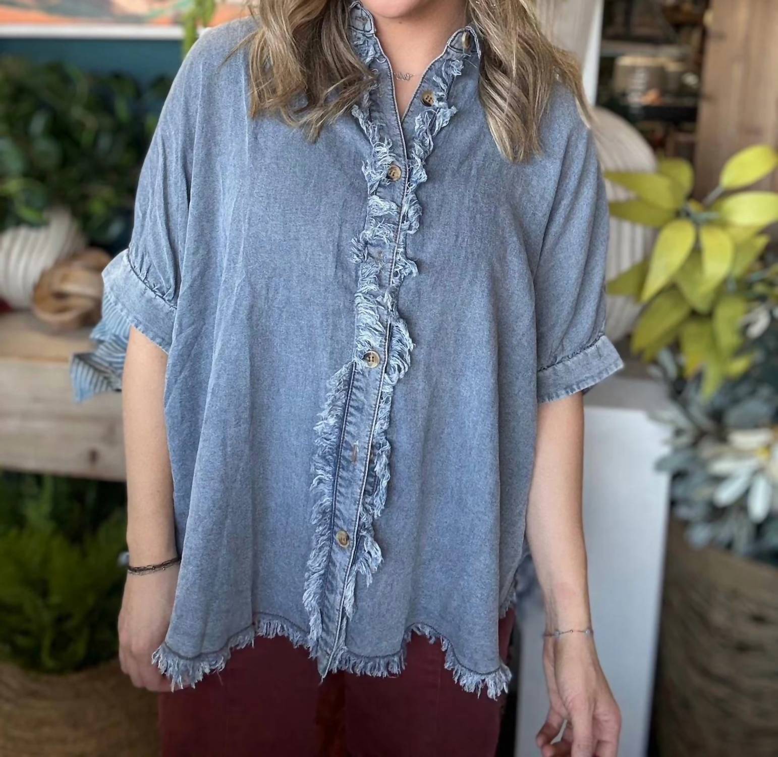 Sewn And Seen - Frayed Denim Button Up Top