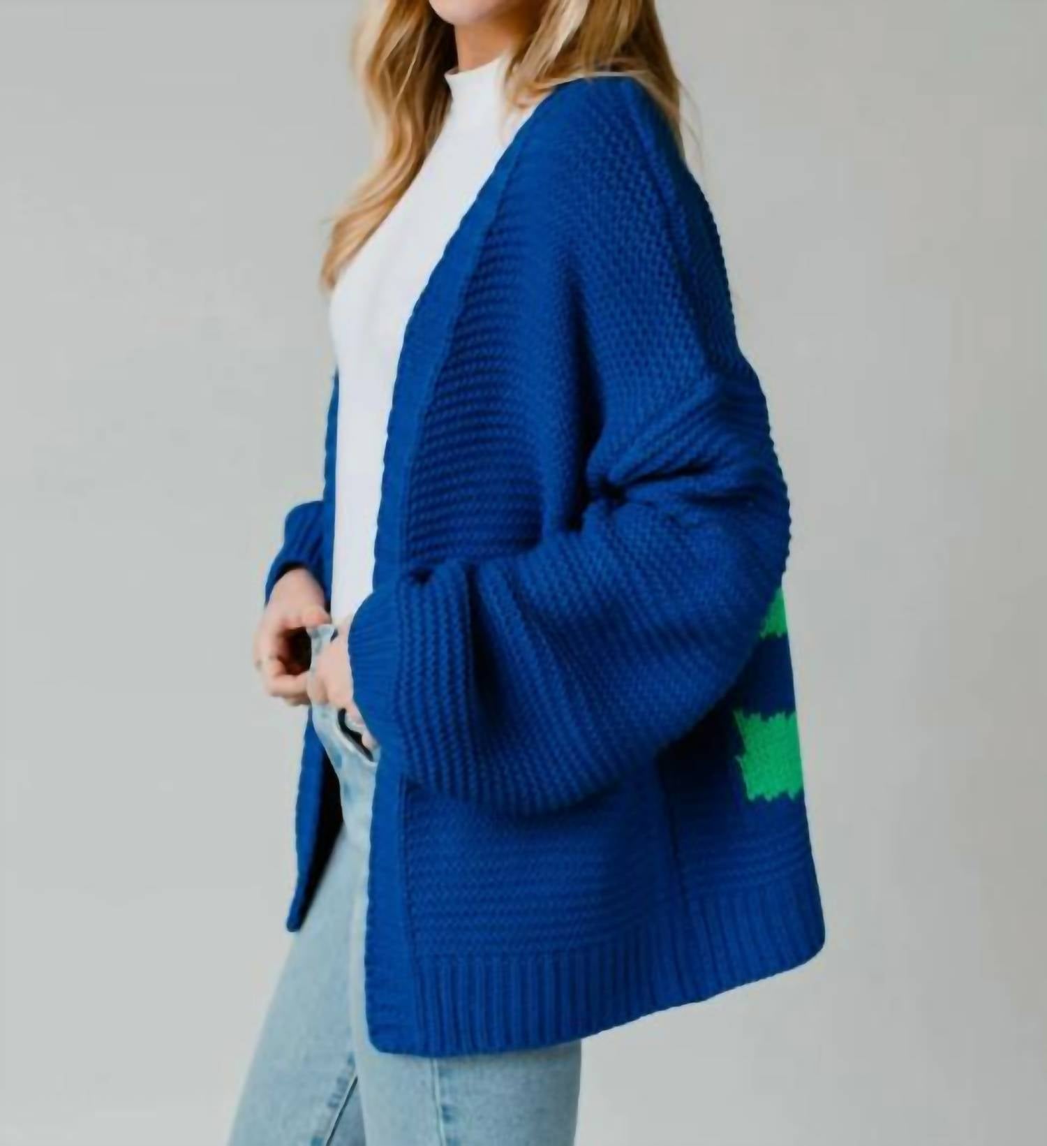 Panache Apparel Ski Knit Sweater Cardigan in bright blue - women's cardigan - alternate view