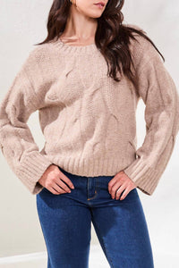 TRIBAL Crewneck Loose Fit Cable Sweater - Plus in heather almond latte - women's sweater - alternate view
