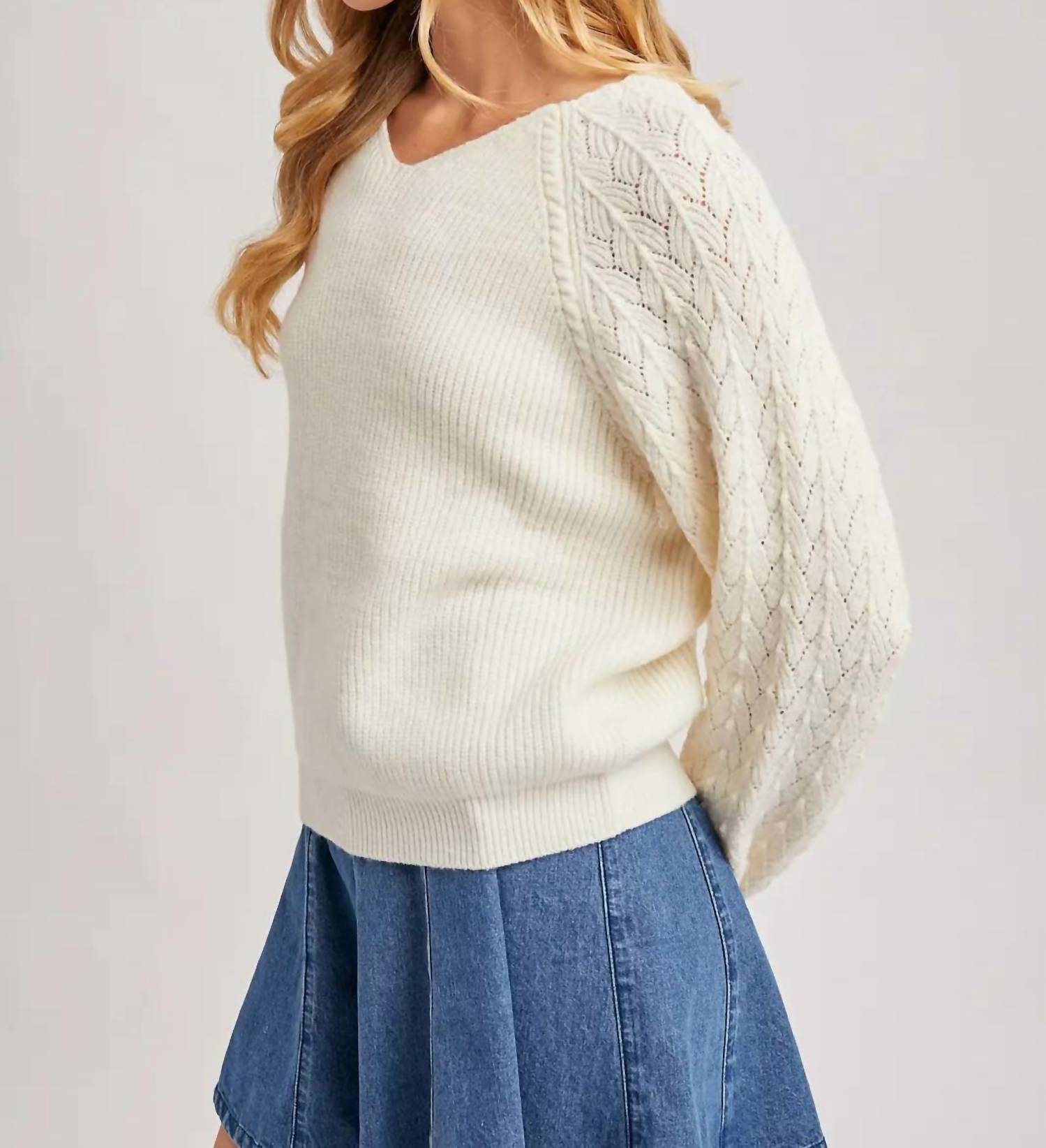 BluIvy V-Neck Ribbed Knit Sweater in white - women's sweater - alternate view