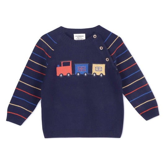 Viverano Organics - Kid's Train Jacquard Knit Raglan Pullover Sweater