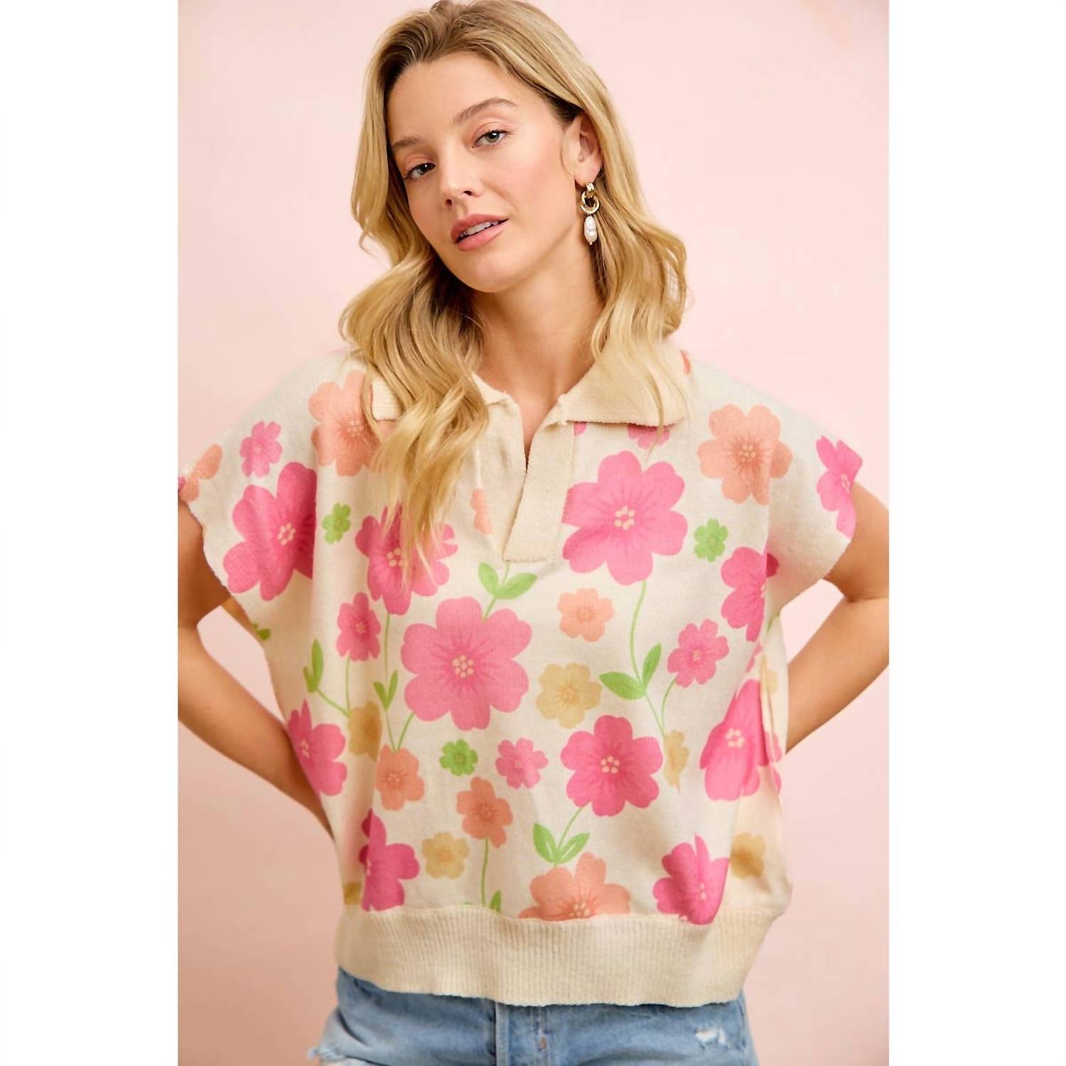 Bibi - Flower Detail Top With Collar