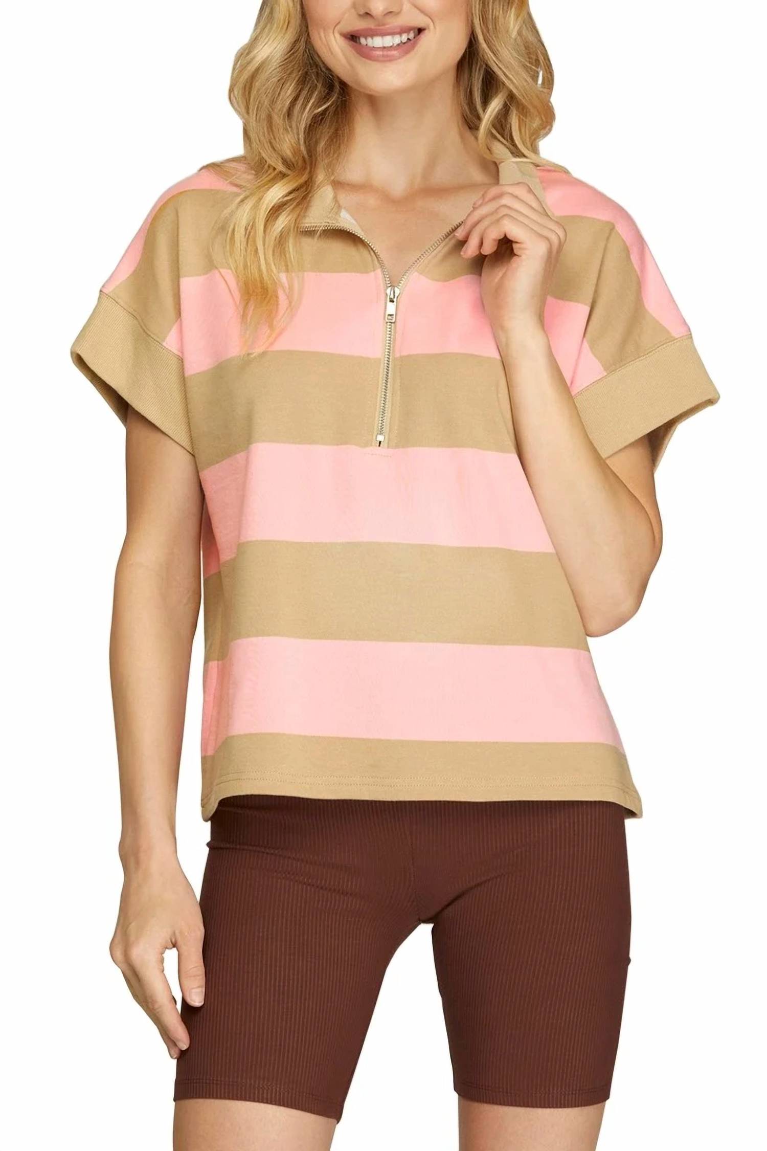 She + Sky - Women's Short Sleeve Mock Neck Striped Sweatshirt